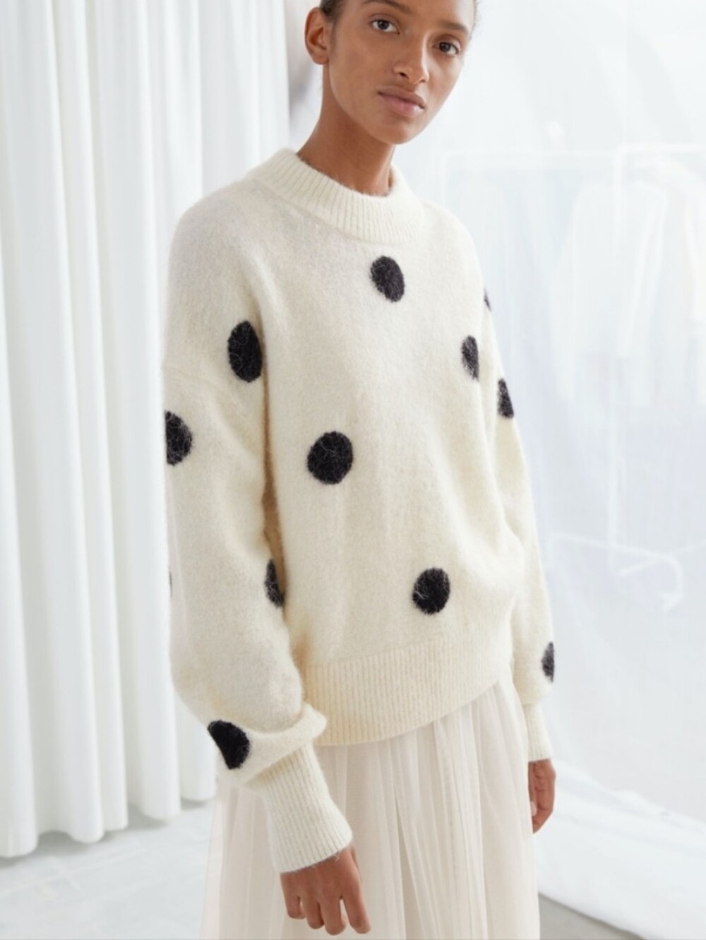 & Other Stories Stockholm Atelier Wool Alpaca Blend Ivory Black Polka Dot Large